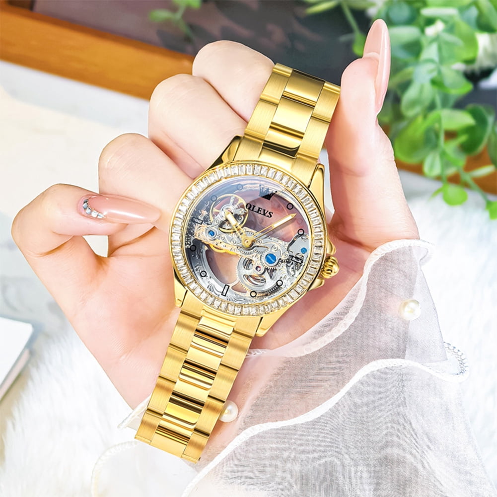 OLEVS Automatic Watches for Womens Mechanical Skeleton Self Winding Stainless Steel Luxury Dress Waterproof Luminous Ladies Watches Womens Wrist Watches Gift Reloj Para Mujer