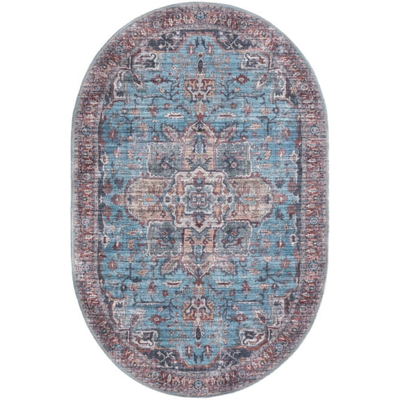 Rugs.com Maahru Collection Washable Rug – 4' x 6' Oval Blue Low-Pile Rug Perfect For Living Rooms, Large Dining Rooms, Open Floorplans