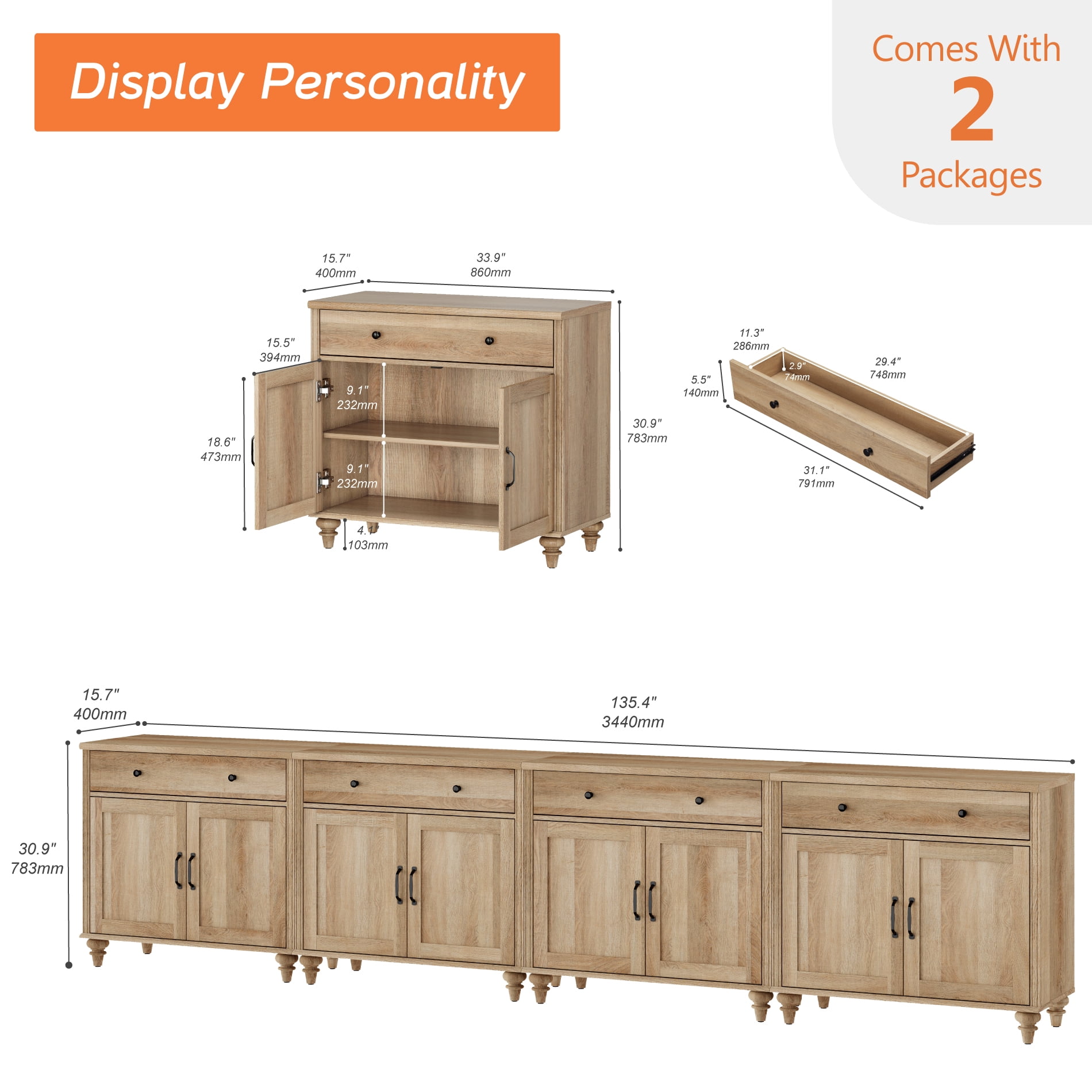 Oak Farmhouse TV Stand for 85 inch TV with 8 Doors and 4 Drawers