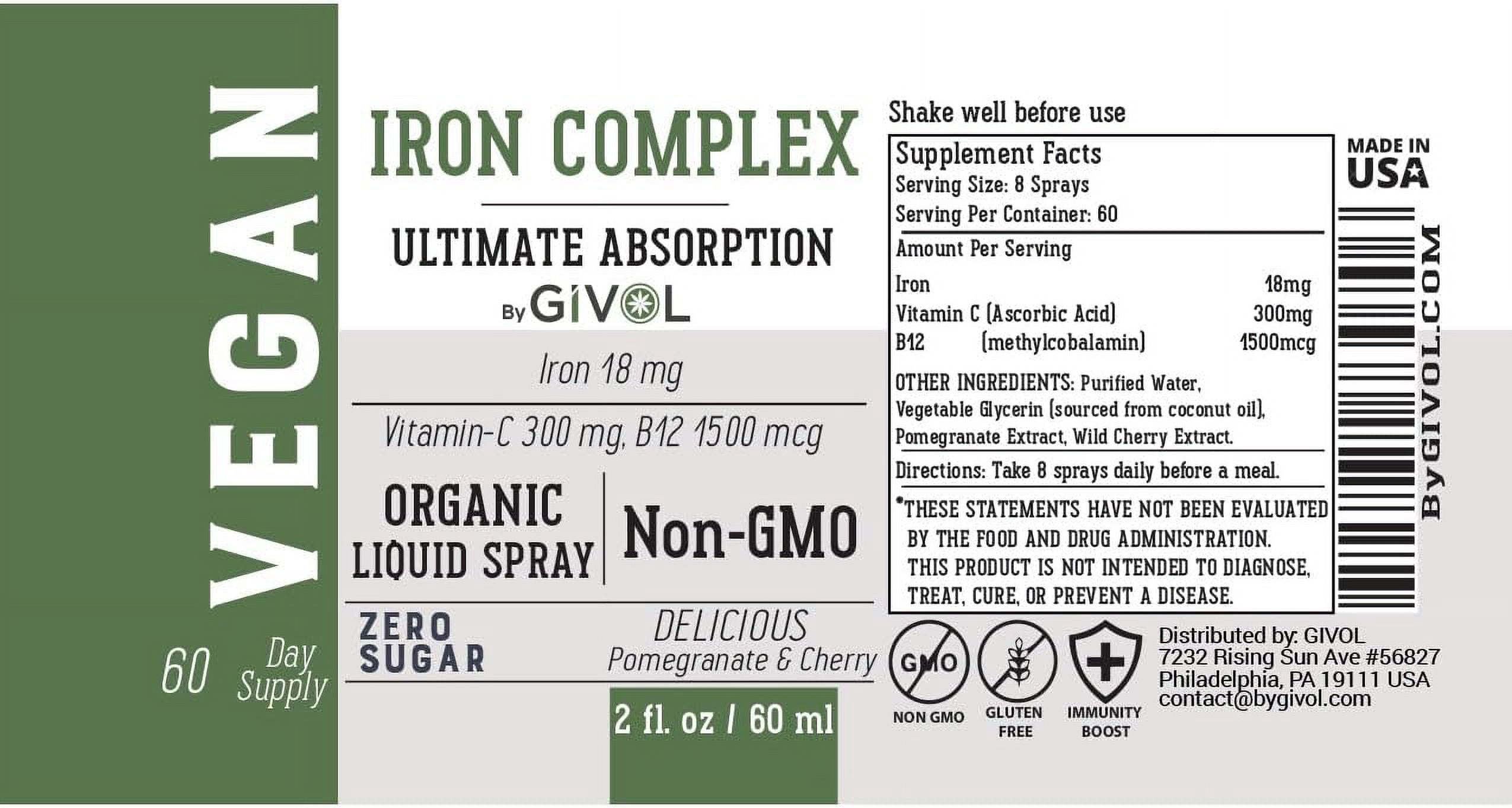 GIVOL Iron Bisglycinate Complex + Vitamin C + B12 for Women, Men & Kids Sugar-free| Vegan Liquid Spray | Energy & Immunity Booster | Non-GMO&nbsp;|&nbsp;2&nbsp;Fl&nbsp;Oz
