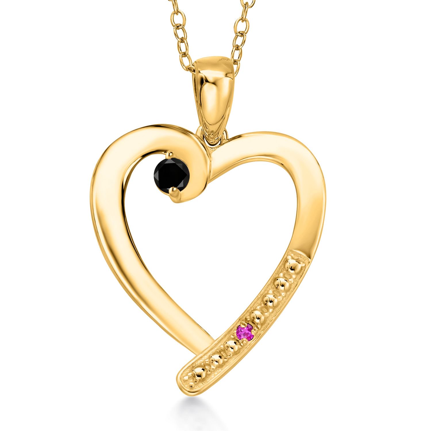Gem Stone King 18K Yellow Gold Plated Silver Black Diamond and Pink Sapphire Heart Pendant Necklace for Women | 0.19 Cttw | Gemstone April Birthstone | Round 3.5MM | With 18 inch Chain