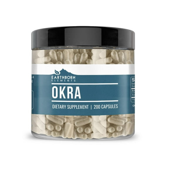 Earthborn Elements Okra Extract 200 Capsules, Pure & Undiluted, No Additives