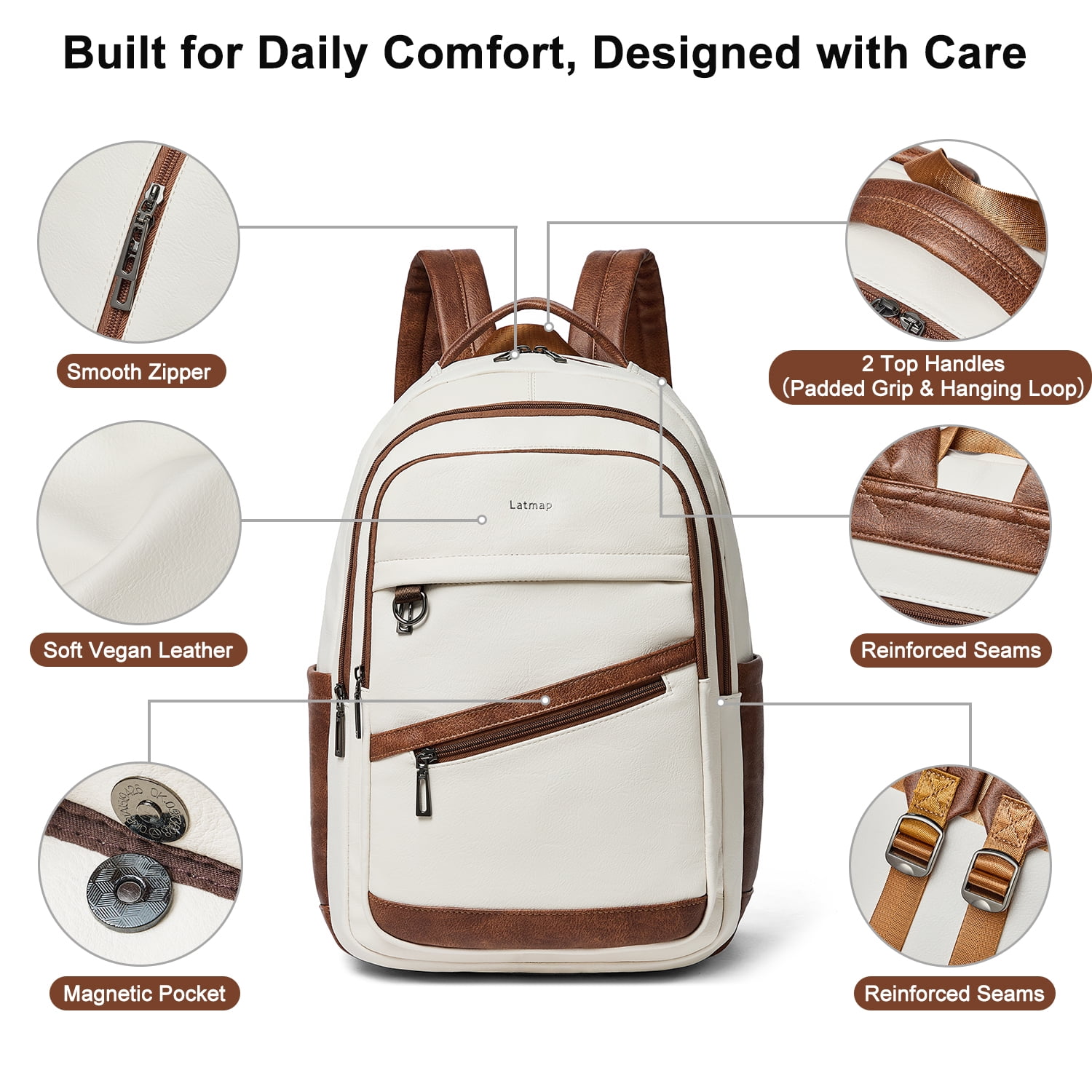 43L Vegan Leather Backpack for Women & Men, Travel Carry On Backpack, College Bookbag, Work Laptop Backpack fits 17 inch Laptop，Beige