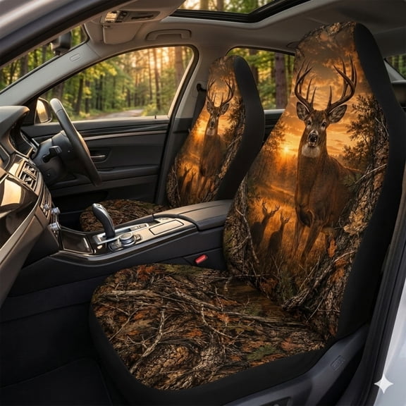 E-Macom Ltd _Deer Hunting Camo Car Seat Covers, Woodland Forest Hunter Auto Interior Accessories