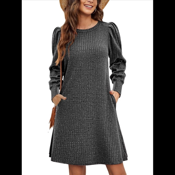 Vestido de Punto para Mujer con Mangas Abullonadas, Cuello Redondo, Informal, para Otoño e Invierno Gris M