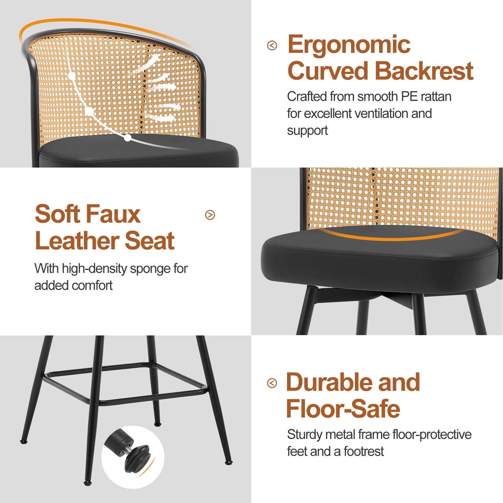 Foreate Cane & PU Swivel Barstools Set of 2, 29" Seat Counter Height w/ Rattan Mid-Back Metal Legs, Upholstered Leather Modern Armless Bar Stools Chairs for Kitchen Island Pub