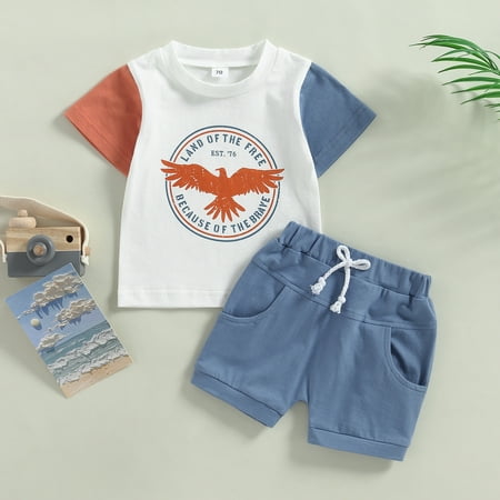 

Lamuusaa Newborn Baby Fourth of July Outfits Short Sleeve Eagle Letter Print Tops + Shorts Set
