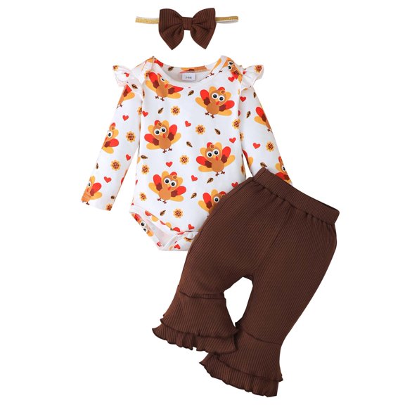 KIMI BEAR Newborn Baby Girl Thanksginving Day Outfit Set 3-6 Months Clothes Ruffle Long Sleeves Turkey Romper Top Flared Pants with Headband 3pcs Clothing Brown