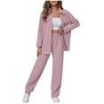 thumbnail image 2 of The Big Save of The Day kttectoa Outfits for Women Waffle Knit Jackets Trendy Casual Outfits Outdoor Clothing Solid Long Sleeve Mock Neck Button Pullover Tops and Pants Two Piece Sets for Women, 2 of 4