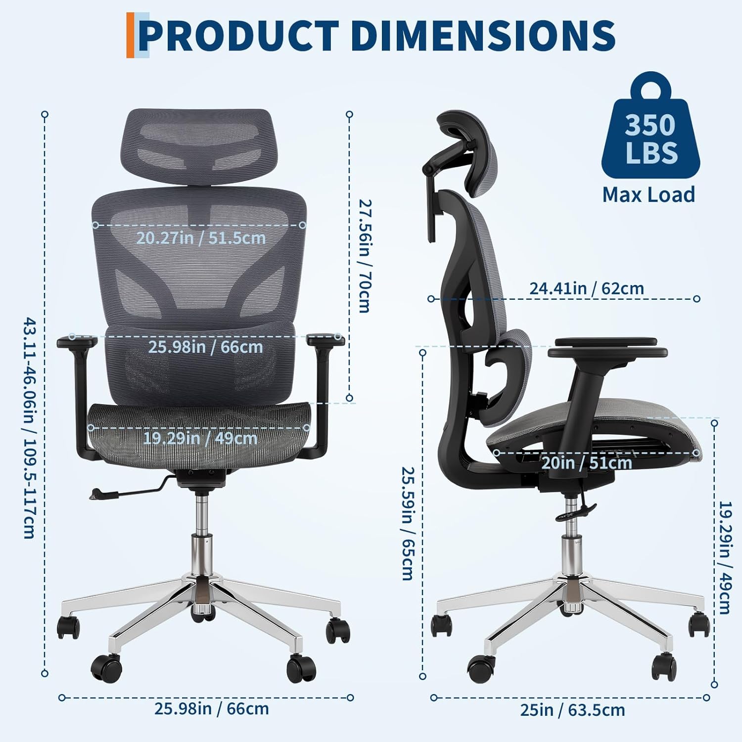 Ergonomic High Back Mesh Office Chair, Adjustable Armrest, Lumbar Support & Headrest, Slide Seat & Tilt Lock, Rolling Computer Desk Chair for Home Office, Gray