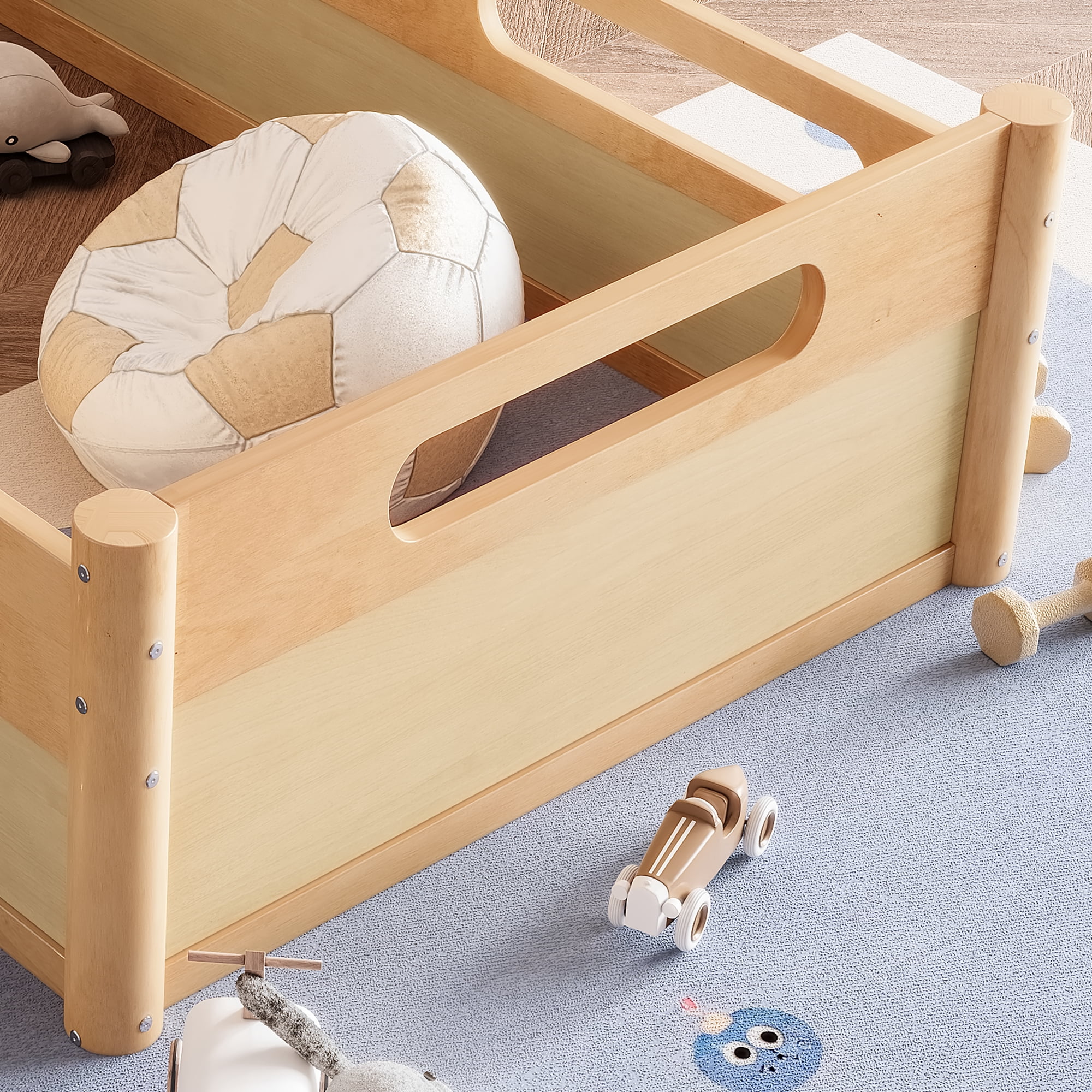 Miniyam Twin Floor Bed with Guardrails, Low Profile Wood Platform Bed Frame for Kids, Natural