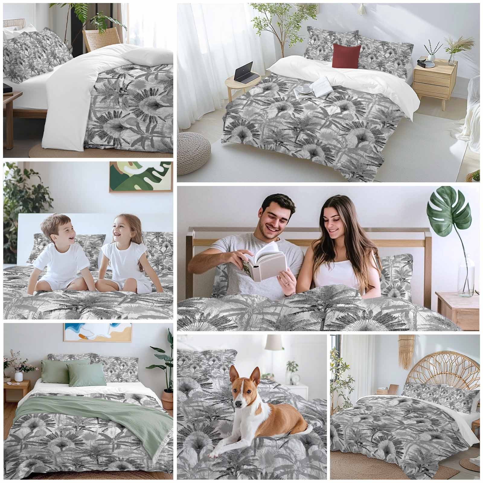 Grey Tropical Leaves Bedding 3 Piece Duvet Cover Set Full Size, Summer Palm Trees Botanical Soft Microfiber Comforter Cover with Zipper Closure & Pillowcases, Wrinkle & FadeResistant Quilt Cover