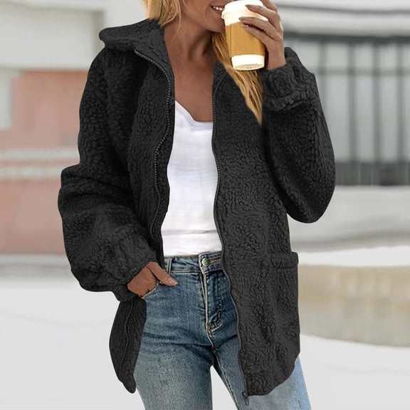 CQONEPT Womens Fuzzy Fleece Jackets Sherpa Zip Up Long Sleeve Lapel Coats Winter Warm Outerwear with Pockets Black 2XL