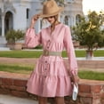 thumbnail image 5 of Women's Long Sleeve Button-Down Tiered Mini Dress with Stand Collar - Medium, Pink, 5 of 6