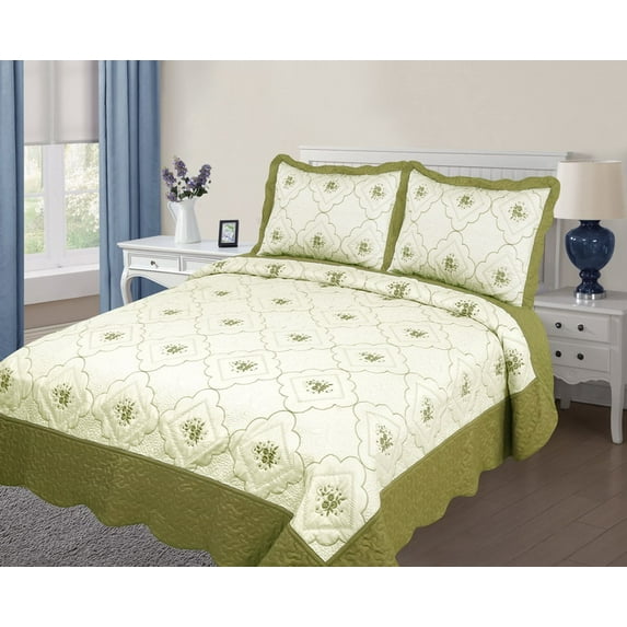 3PC Quilted Bedspread Cover Twin Size High Quality Embroidery Quilt - Sage Green