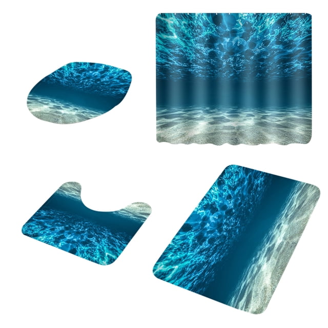 Bathroom Shower Curtain Set 4 Piece, Non Slip U-Shaped Toilet Mat and Lid Cover Set, Machine Washable Bathroom Carpet, Ideal for Home Kitchen or RV Use
