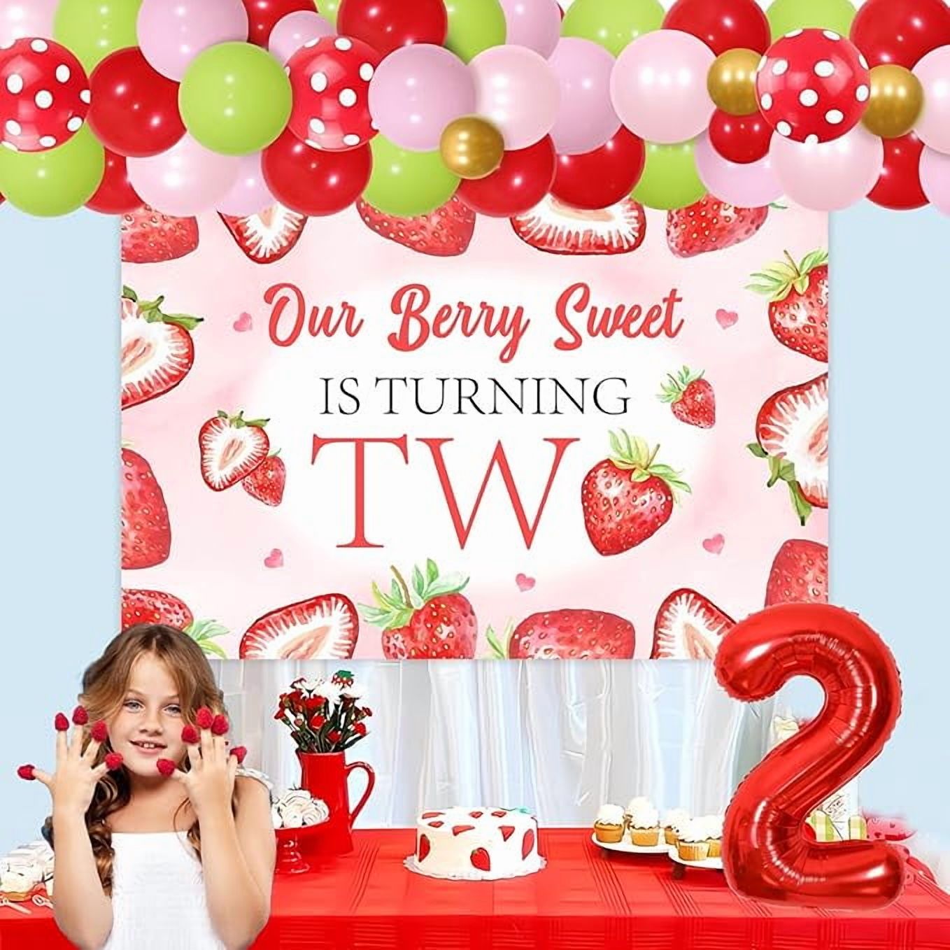 Two Sweet Strawberry Birthday Decorations, Fruit Berry 2nd Birthday Decorations for Girls - Strawberry Balloon Arch Kit with Our Berry Sweet Is Turning Two Backdrop, Foil Balloons