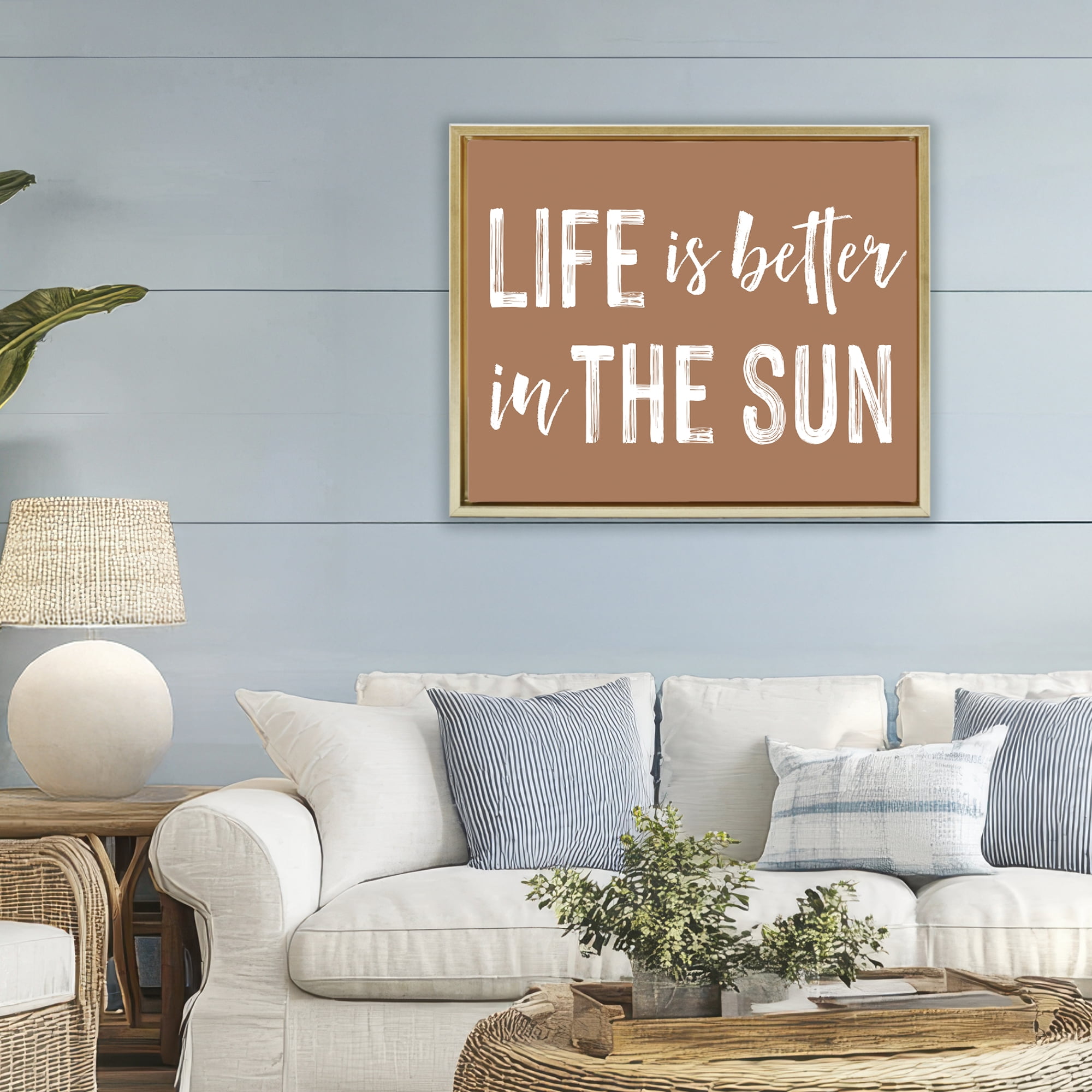 Life Better In Sun Brown Gold Framed Floater Canvas Wall Art, design by Lettered and Lined