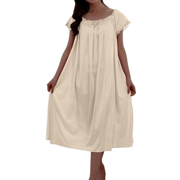 Satin Nightgowns for Women - Soft & Breathable Long Night Gowns - Women’s Cap Sleeve Lace Gown Elegant Sleepwear - Loose Casual Pajams Dress Night Shirt Beige Free Size