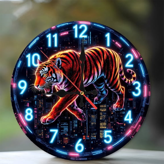 Neon Tiger Wall Clock for Home Decor 10-Inch Silent Wooden Wall Clock, Battery Operated (AA Batteries Not Included), Artistic Home Decor