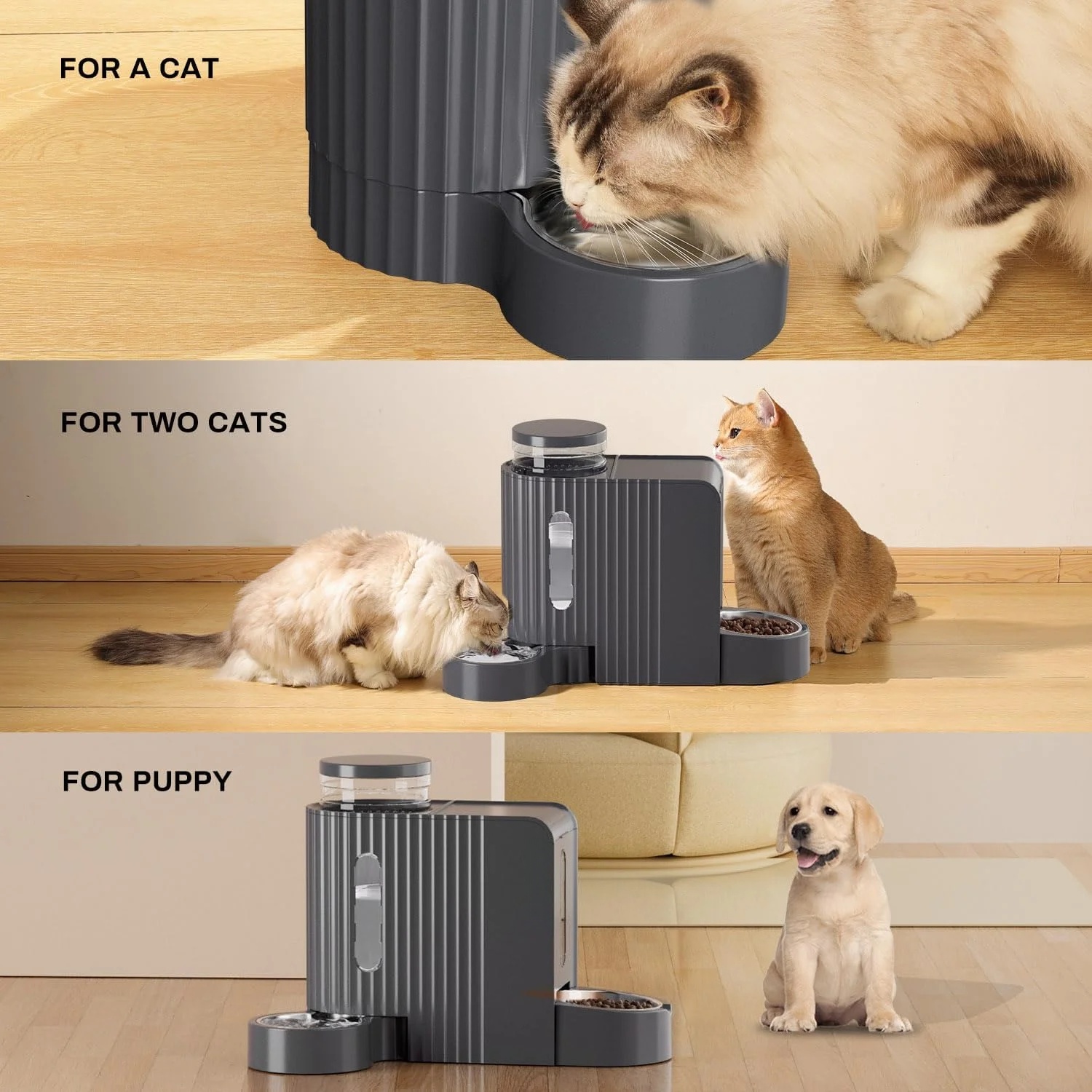 Nomipaw Gravity Automatic Food Feeder and Water Dispenser, 0.8Gal Large Capacity, 2 in 1 Set, 304 Stainless Steel Bowl, Removable and washable, For All Size Dogs & Cats, Dark Gray