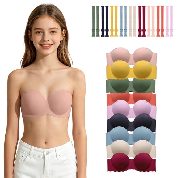 shoper Strapless Bandeau Bra for Girls 10-12 12-14 14-16 Wireless Side Support with Dual-Color Adjustable Straps First Bras Pink