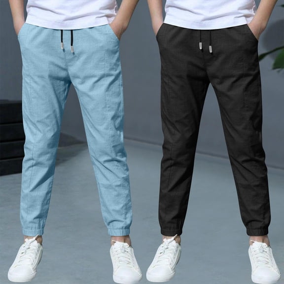Trikvn 2-Pack Boys Lightweight Cotton Linen Jogger Pants Elastic Drawstring Waist Casual Trousers with Pockets Comfortable Breathable Bottoms for Vacation Beach