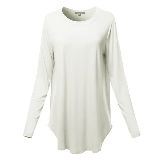 A2Y Women's Premium Solid Long Sleeve Round Hem Crew Neck Top Shirt Ivory L