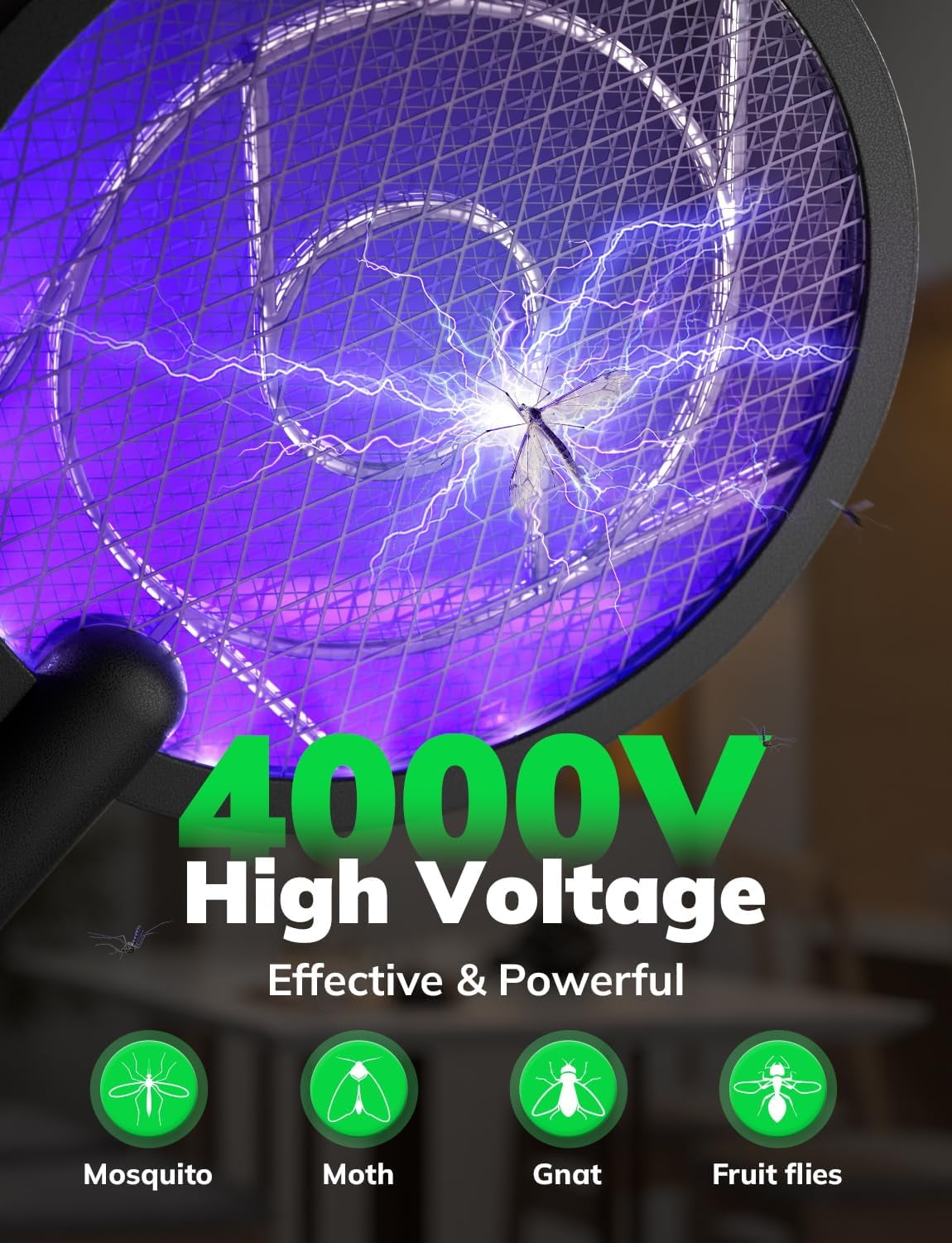 Electric Fly Swatter Bug Zapper Racket 4000V LED Screen Dual Modes Rechargeable for Indoor Home Office Backyard Patio Camping (Black)