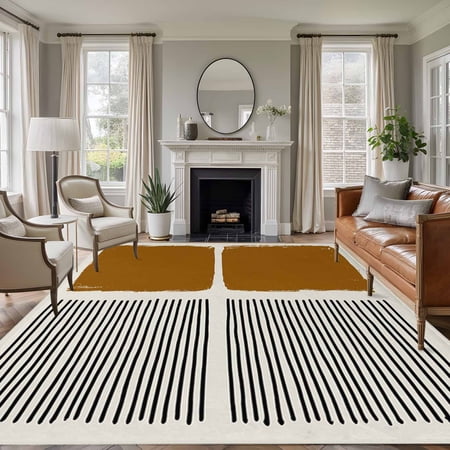Large Area Rugs for Living Room Bedroom Brown 8 x10 Rug Washable Carpet Runner Indoor Outdoor Modern Painting Farmhouse Striped Abstract Art Non Slip Floor Mats Rug for Kitchen Patio