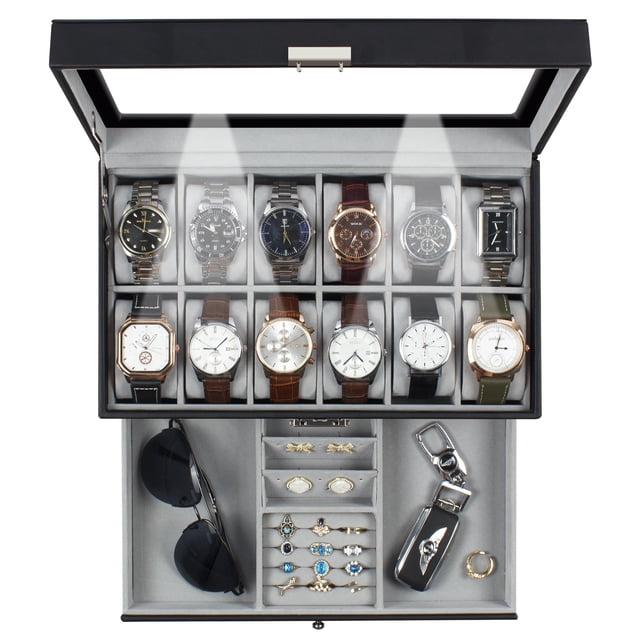 Organizador Watch Box GUKA GK-012BKGREY-LED-24 de piel con 12 ranuras