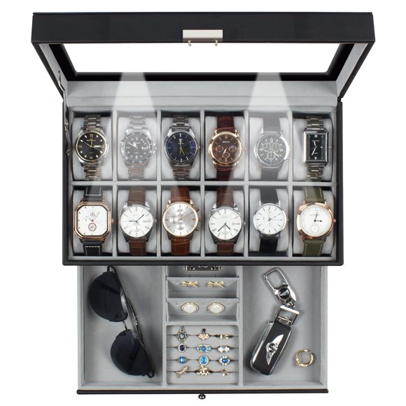 Organizador Watch Box GUKA GK-012BKGREY-LED-24 de piel con 12 ranuras