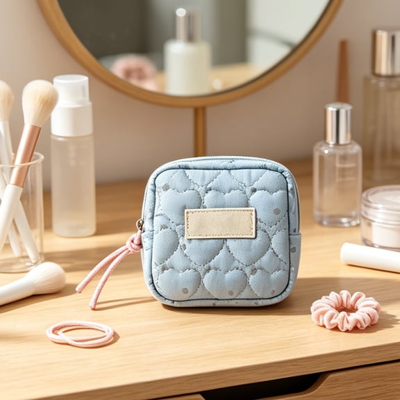 Makeup Bag Cute Heart Dots Sanitary Napkin Storage Bag, Portable Mini Fabric Period Pouch, Small Makeup organizer Purse for Travel, Compact Square Pouch for Daily Use - Blue, Ccwuwei
