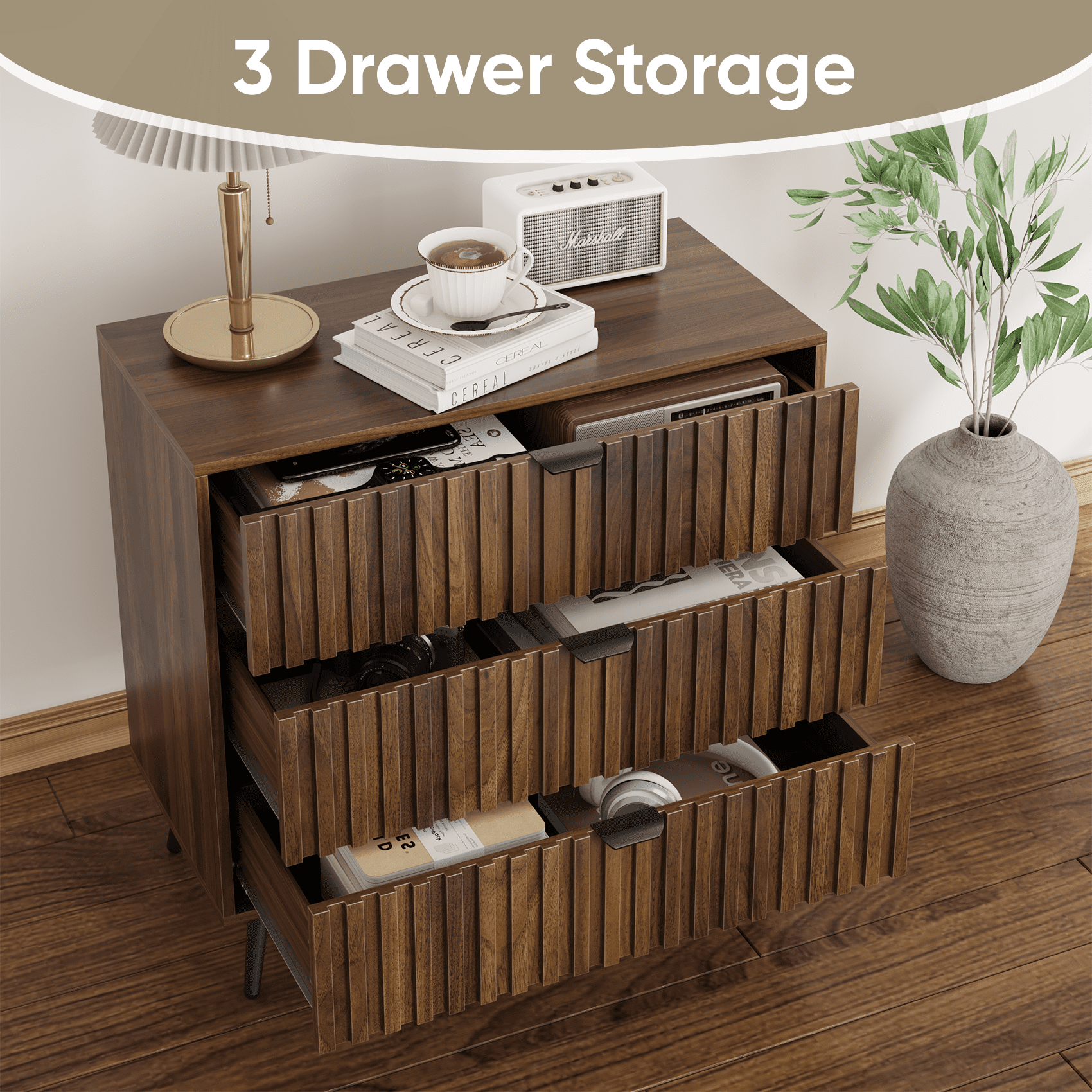 Algherohein Wood Dressers for Bedroom 3 Drawer,Chest of Drawers Walnut,Aldult