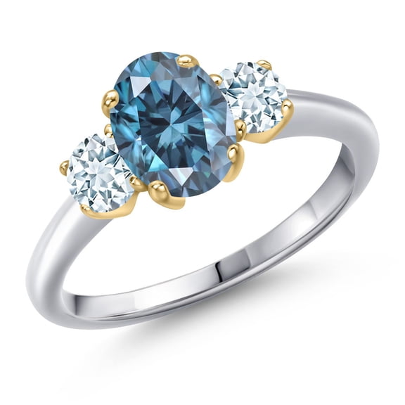 Gem Stone King 925 Silver and 10K Yellow Gold Persian Blue Moissanite and Sky Blue Aquamarine Engagement Ring for Women | 1.88 Cttw | Oval 8X6MM | Gemstone Birthstone | Size 9