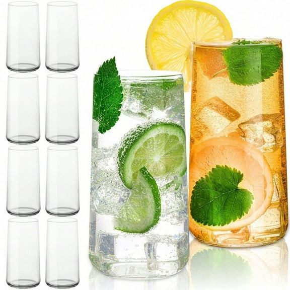 NTGFU 18 Oz Water Juice Drinking Glasses with Straws, Set Of 8 Highball Glasses, Durable Drinkware Cups for Cocktails, Juice, Beer, Wine