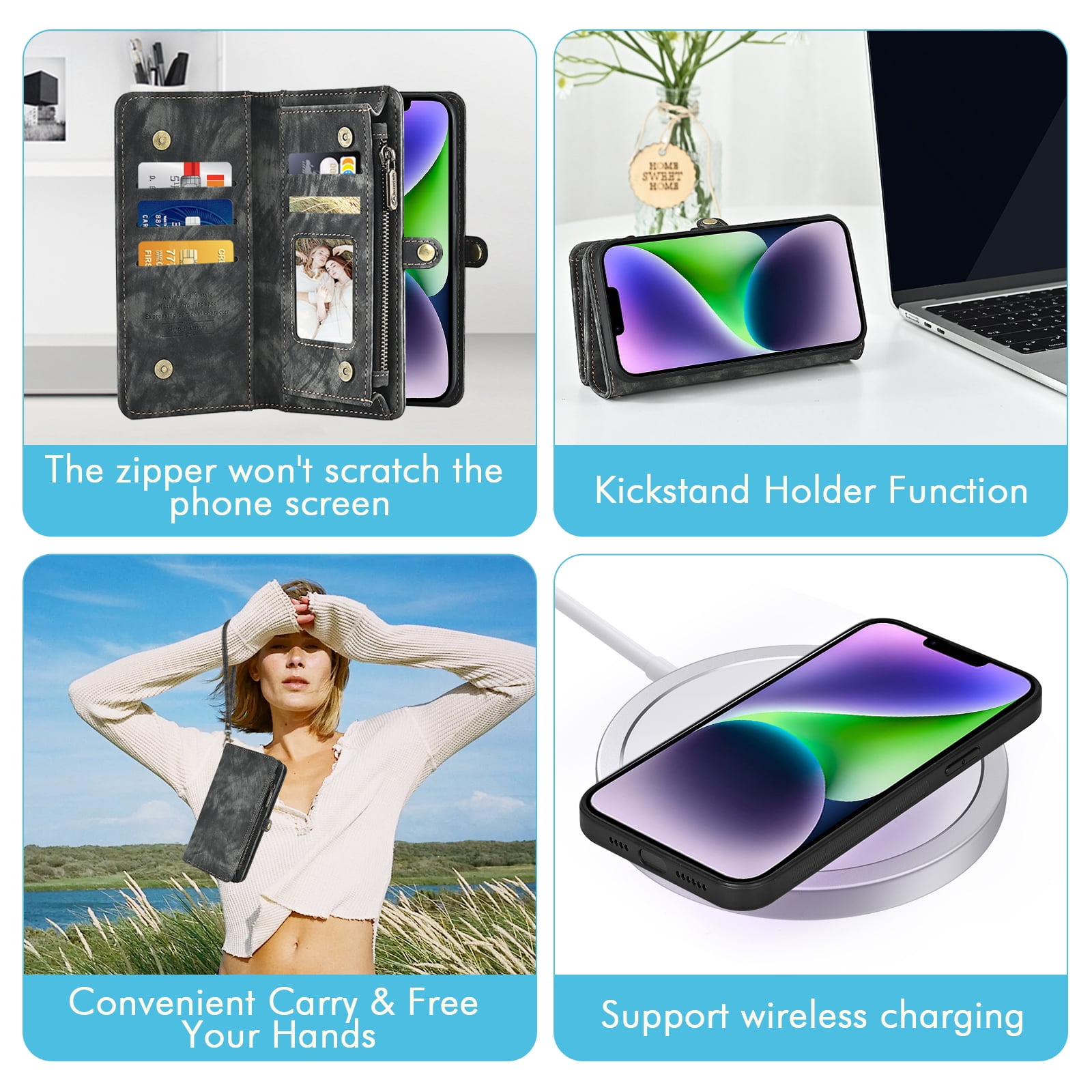 Asuwish Compatible with iPhone 14 Plus 6.7 inch Phone Case Zipper Wallet Screen Protector Lanyard Strap Flip Card Holder Cell Cover for i-Phone 14+ iPhone14Plus 5G i i14 + iPhone14 14Plus Women Black