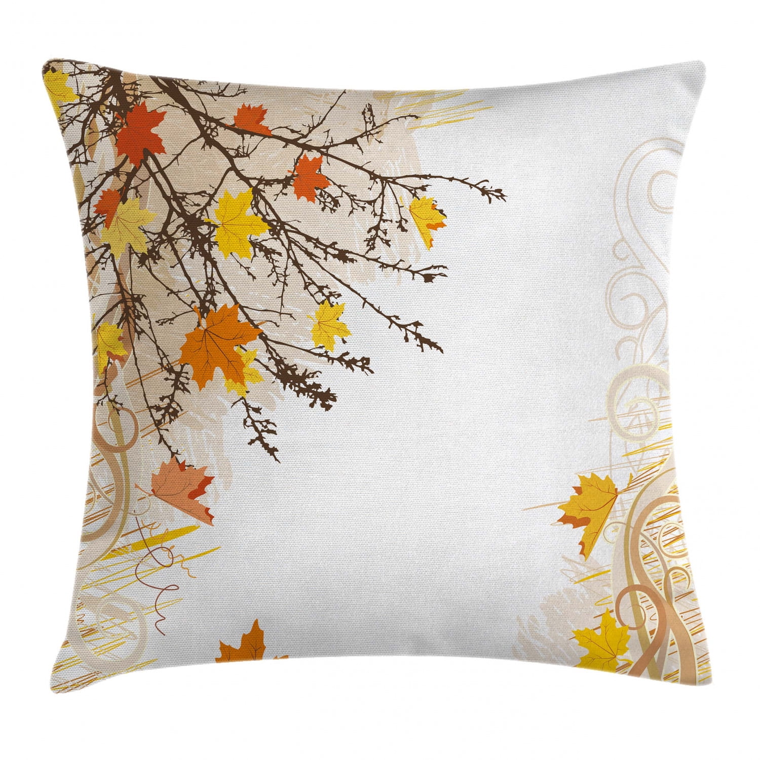 Nature Throw Pillow Cushion Cover, Autumn Maple Leaves Branches in Fall Earthen Tones Faded Woodland Art Print, Decorative Square Accent Pillow Case, 18 X 18 Inches, Tan Yellow Orange, by Ambesonne