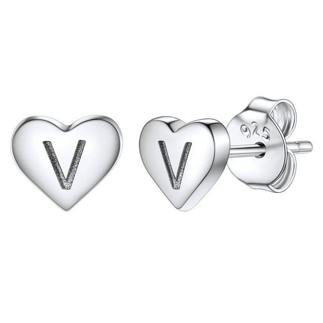 Pendientes de corazón inicial de Silvora, tachuelas de plata esterlina hipoalergénicas para mujer, diminuta letra V, dijes de oreja, regalo de joyería para cumpleaños, día de la madre