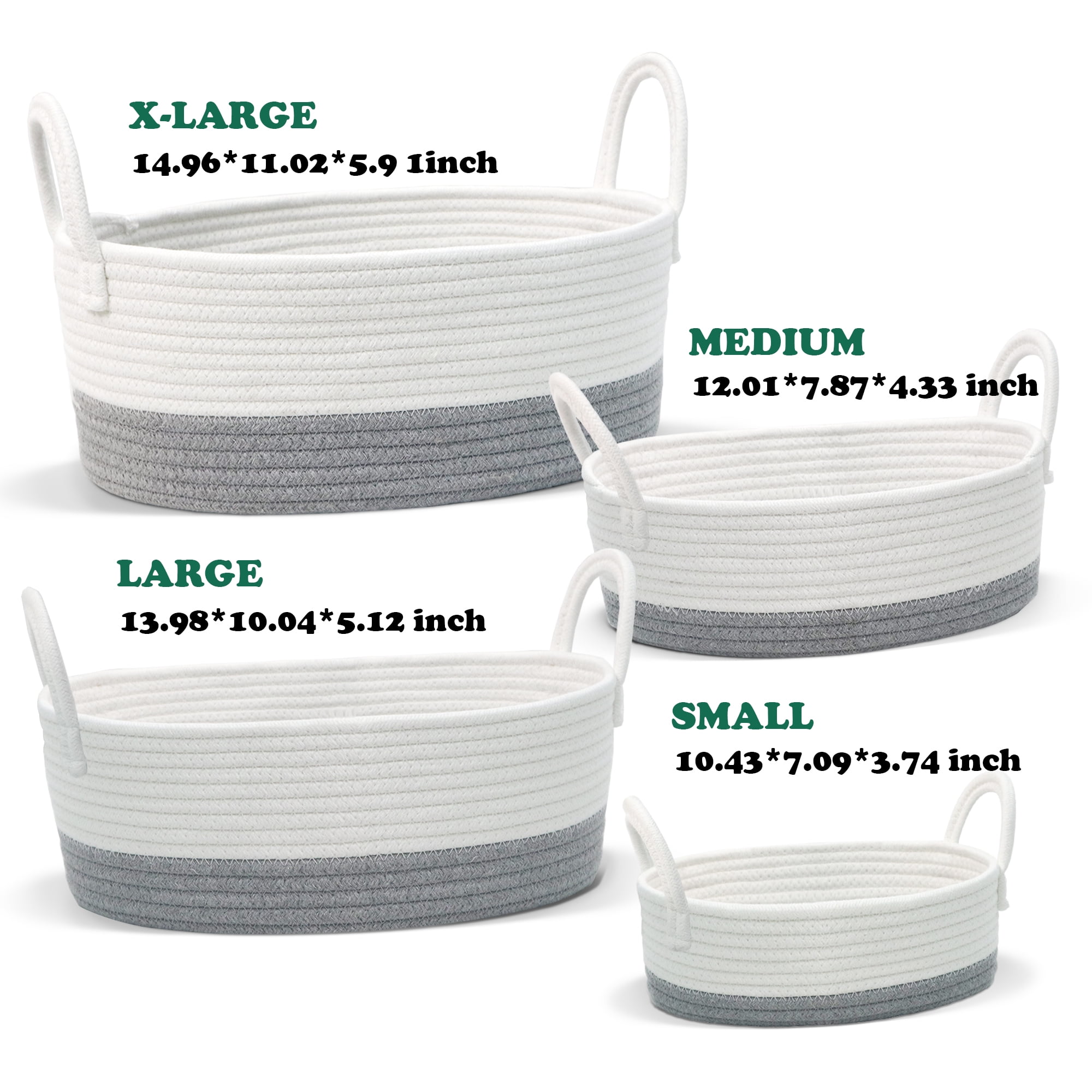 Caroeas 4-Piece Cotton Rope Baskets, Shelf Baskets for Organizing Shelves, Woven Decorative Basket, Nesting Bins for Baby Nursery and Toys, White and Gray (4 Sizes)