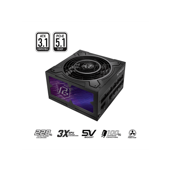 ASRock Phantom Gaming PG-1000G 1000W 80 PLUS GOLD & Cybenetics GOLD Full Modular Power Supply, ATX3.1 & PCIe5.1 Ready with Dual Color 12V-2x6 Cable, 10 Years Warranty