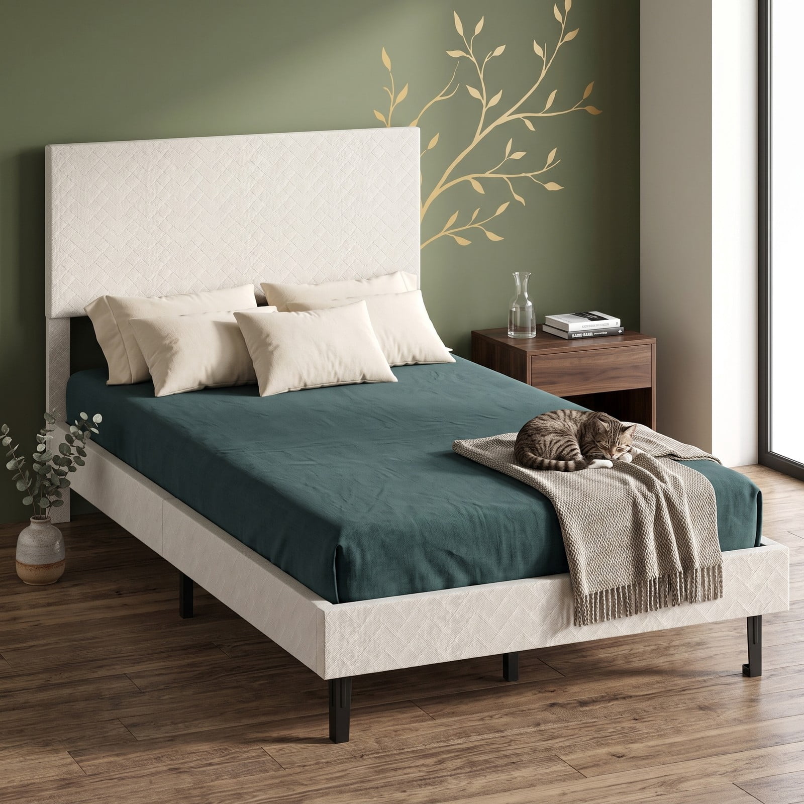 Furnibear Twin Bed Frame Velvet Upholstered Platform Bed with Height Adjustable Chevron Headboard and Wooden Slats, Beige