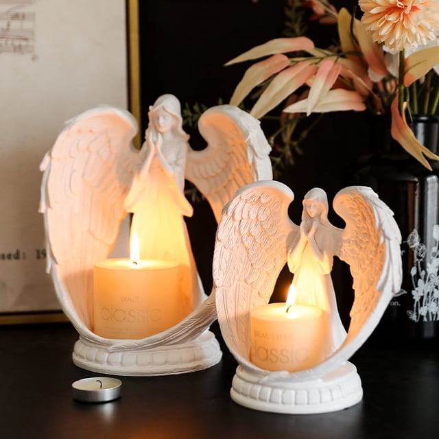 Candelabro de aromaterapia con forma de ángel de oración con alas blancas puras, accesorios de decoración para sala de estar, comedor, boda, ambiente romántico para pareja