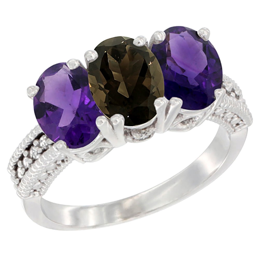 10K White Gold Natural Smoky Topaz & Amethyst Sides Ring 3-Stone Oval 7x5 mm Diamond Accent, sizes 5 10 by WorldJewels
