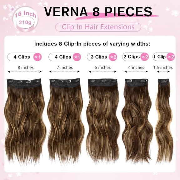 WEIF-Clip in Hair Extensions, 8PCS 16 Inch Wavy Dark Brown Hair Extensions Clip Ins Mix Blonde, Synthetic Hairpieces for Women
