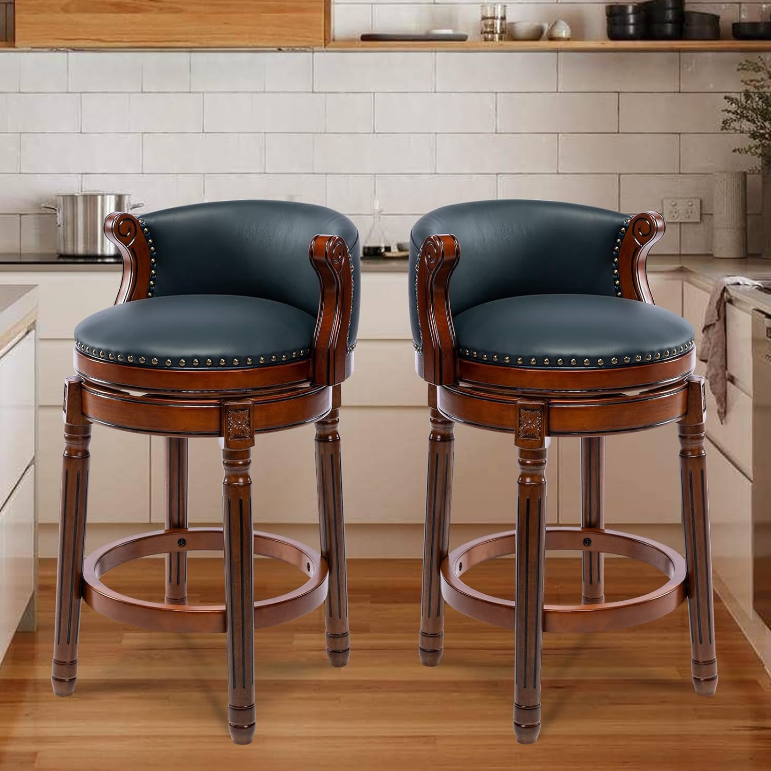 Aulife Bar Stools Counter Height Rubber Wood Swivel Barstools with Back & Footrest-Genuine Leather Upholstered Bar Chair for Bar, Kitchen, Dining Room
