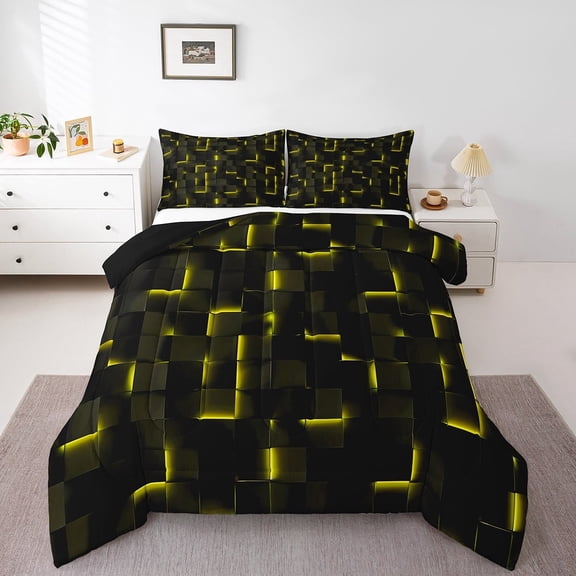 Erosebridal Abstract Grid Bedding Twin Comforter Set,Black Golden Down Comforter,Geometric Buffalo Bedding Sets Twin with Comforter,Lightweight Futuristic Cubes Room Decor,Reversible,3pcs