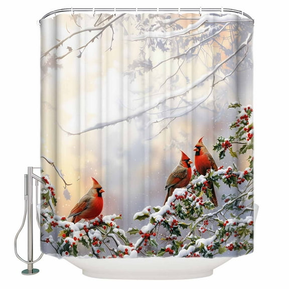 Christmas Shower Curtain, 36" x 72", Winter Snowfall Forest Bough Cardinal Berries Waterproof Bathroom Curtain Washable Shower Curtain Set with 12 Hooks