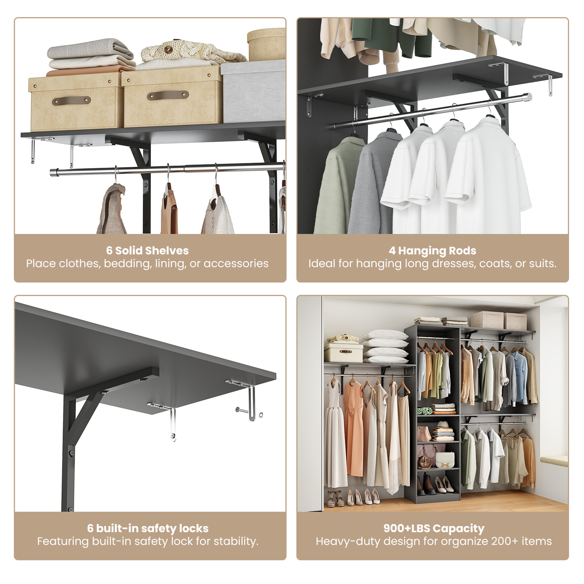 MAYEERTY Gray 96*16*75" Heavy Duty Wood Closet Organizer, 4 Rods & 5 Shelves, Fits 5-10 ft Spaces