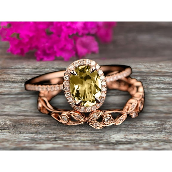 2.50 Carat 8x6mm Oval Cut Champagne Diamond Moissanite Engagement Ring Set Floral leaf Wedding Band Bridal Ring Set 10k Rose Gold Halo Design